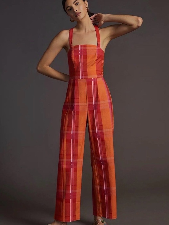Corey Lynn Calter Pants - Anthropologie Corey Lynn Calter Orange & Red Plaid Wide-Leg Jumpsuit-NWOT